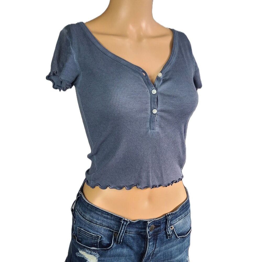 True Craft NWOT Blue Mineral Wash Ribbed Henley Crop Top XS Y2K Short Sleeve